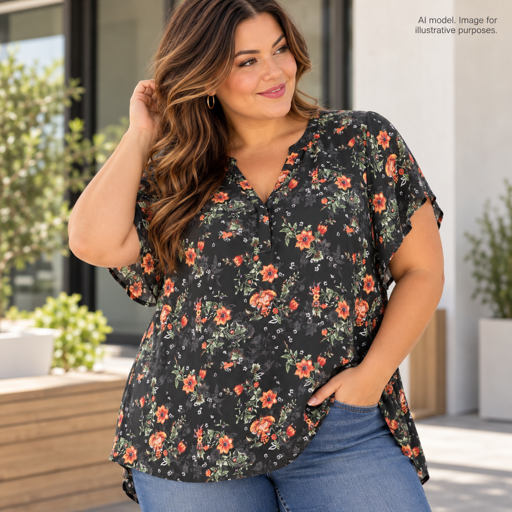Torrid Shirt 3 Womens 3X Black Floral Flowy Prairie Georgette Hi Lo hem Career